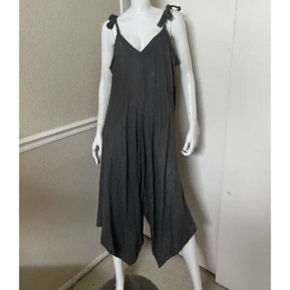 CATWALK STUDIO Gray Linen Tied Straps LAGENLOOK Minimalist Harem Jumpsuit O/S - Picture 1 of 13